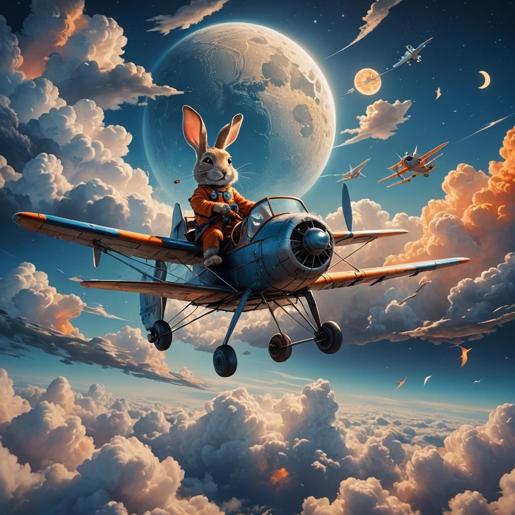 Rabbit Rides Airplane on Blue Moon: Fantasy Concept Art