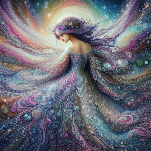 <lora:Liquid Pouring SD15:1.0> A beautiful 20 year old victorian cyberpunk woman wearing a short poured silver and gold lace dress with bouf...