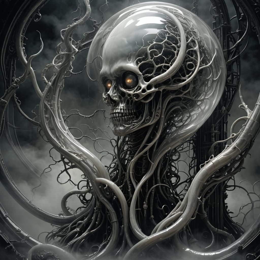Dark fantasy 3D render, medium shot, dramatic angle. A trans...