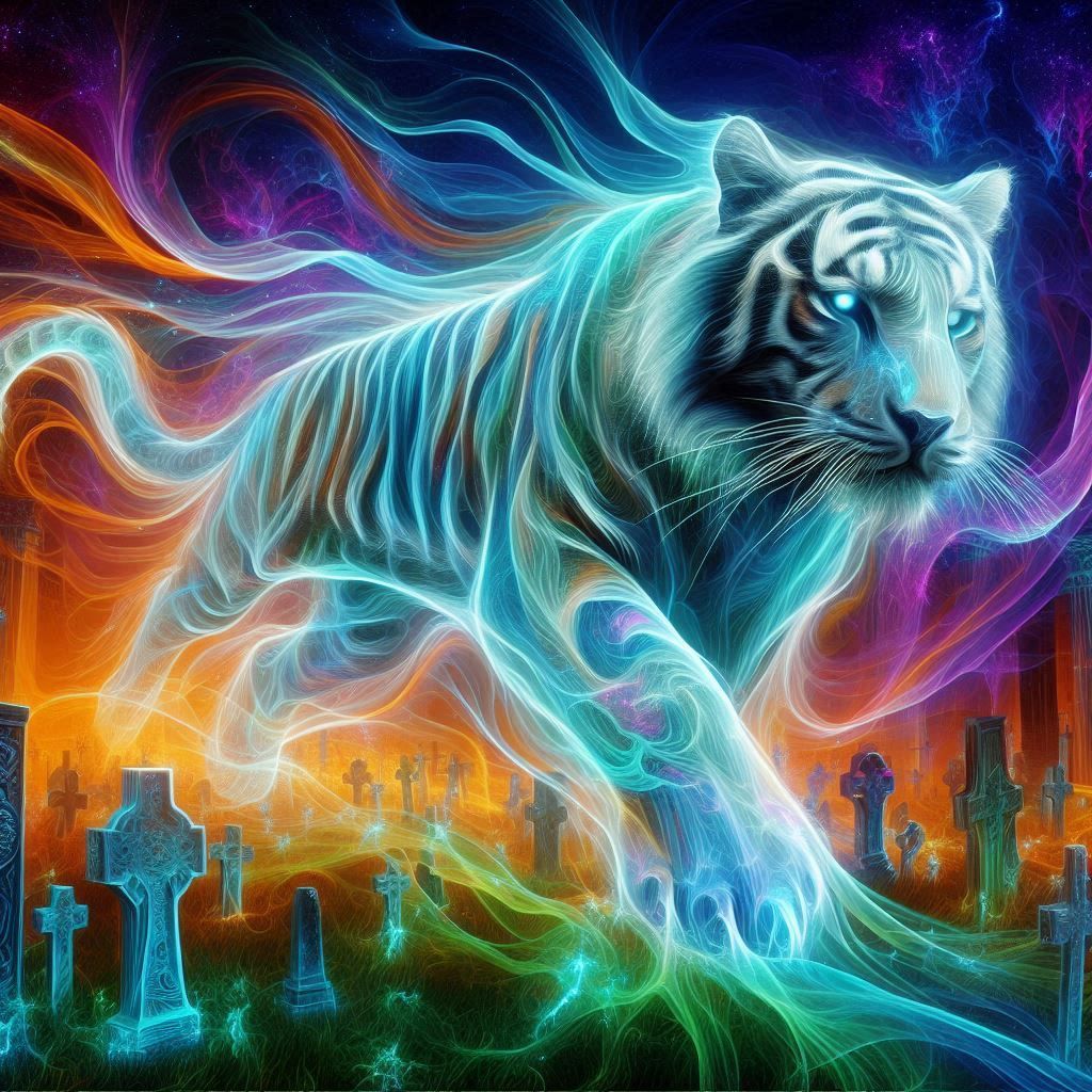 una imagen de un tigre fantasmal en un cementerio ......