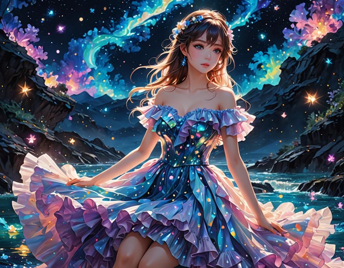 (Impasto Painting:2.4), Flowing Water glowing neon iridescent ruffle dress, "Background Bokeh Galaxy ...  by @FashionQueen