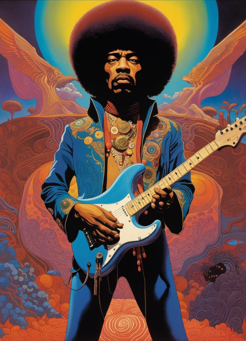 jimi hendrix full body, colourful afrofuturist biomorphic sc...