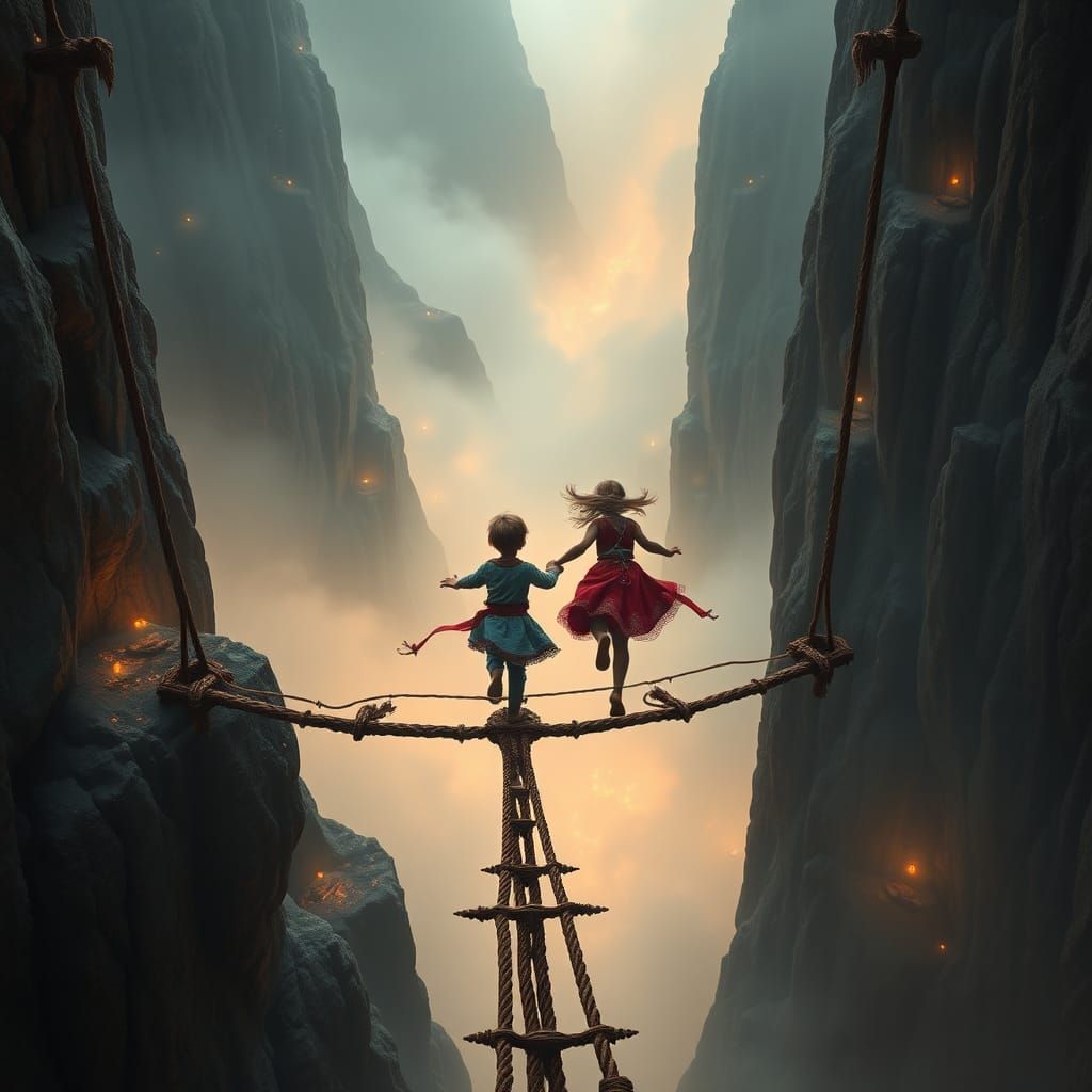 Children on Rope Bridge in Matte Painting Style