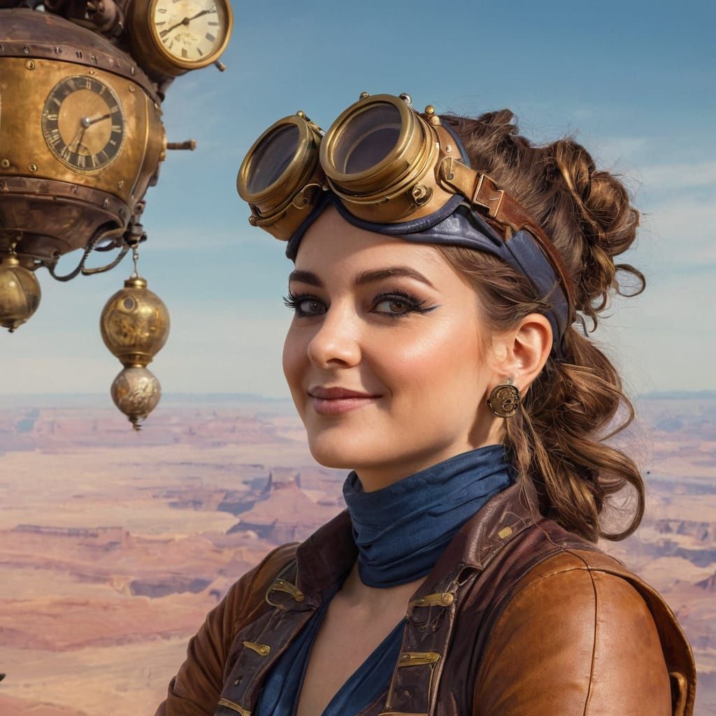 A steampunk adventurer with goggles perched on her head