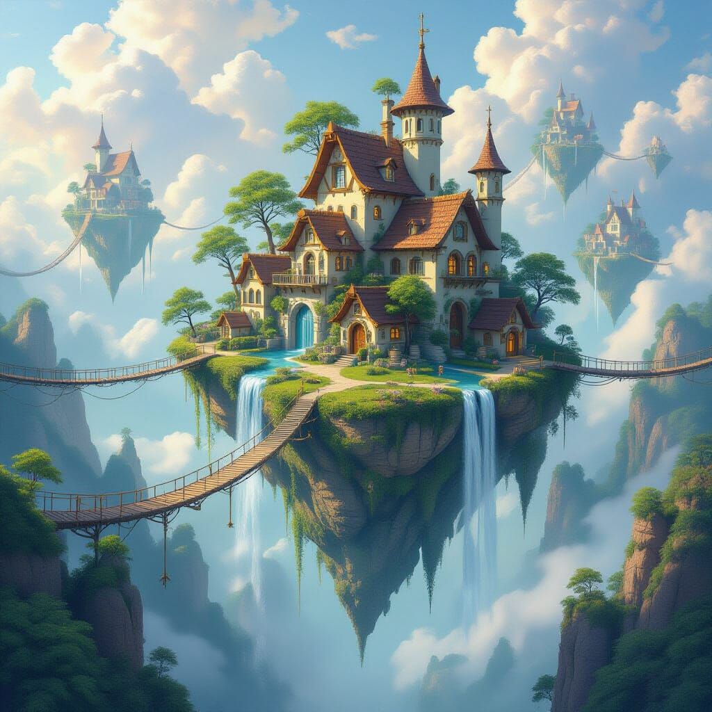A gravity-defying island village where houses are built on the undersides of floating landmasses, connected by delicate rope bridges. Waterf...
