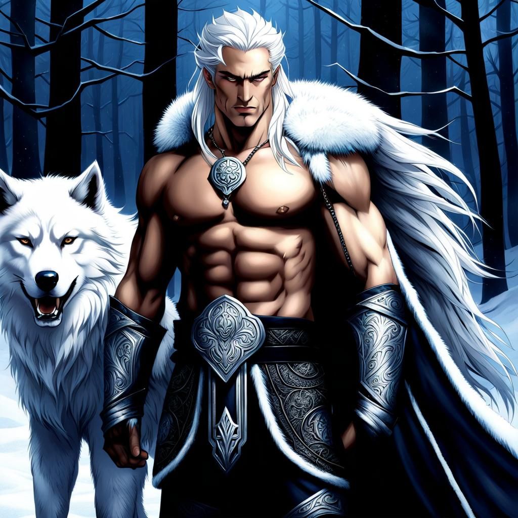 God of winter. Long white hair. Muscular. No beard. Piercing...