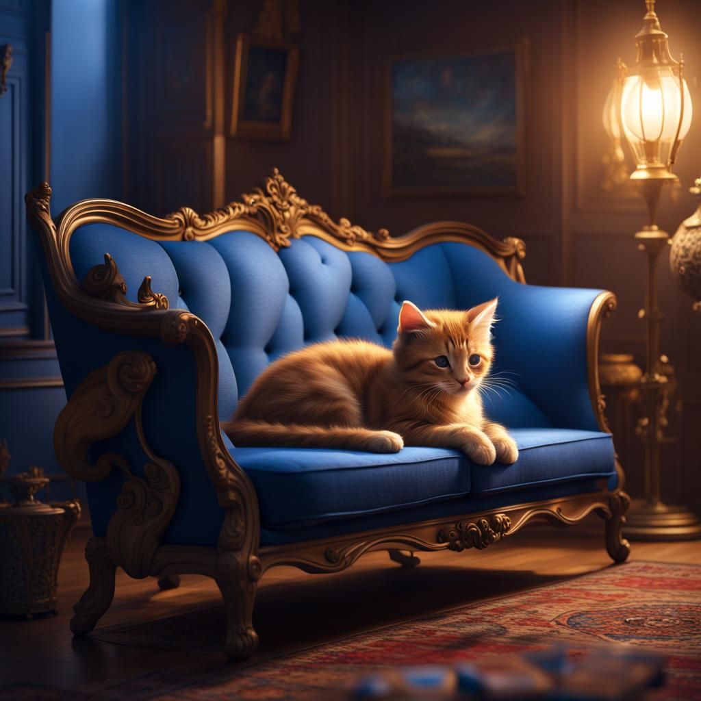 Pretty kitten sleeping like cute in the blue sofa  and a lam...
