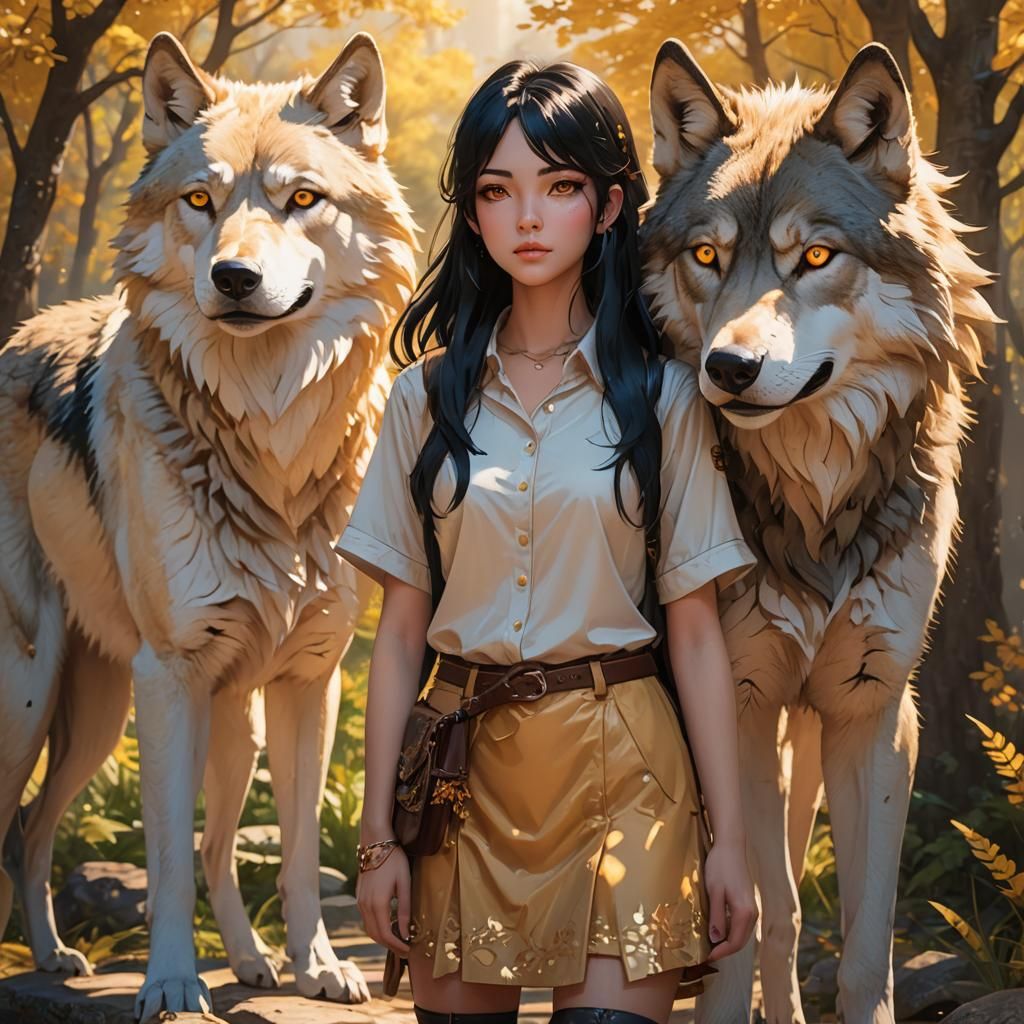 Anime Girl with Wolf in Vibrant 3D Art