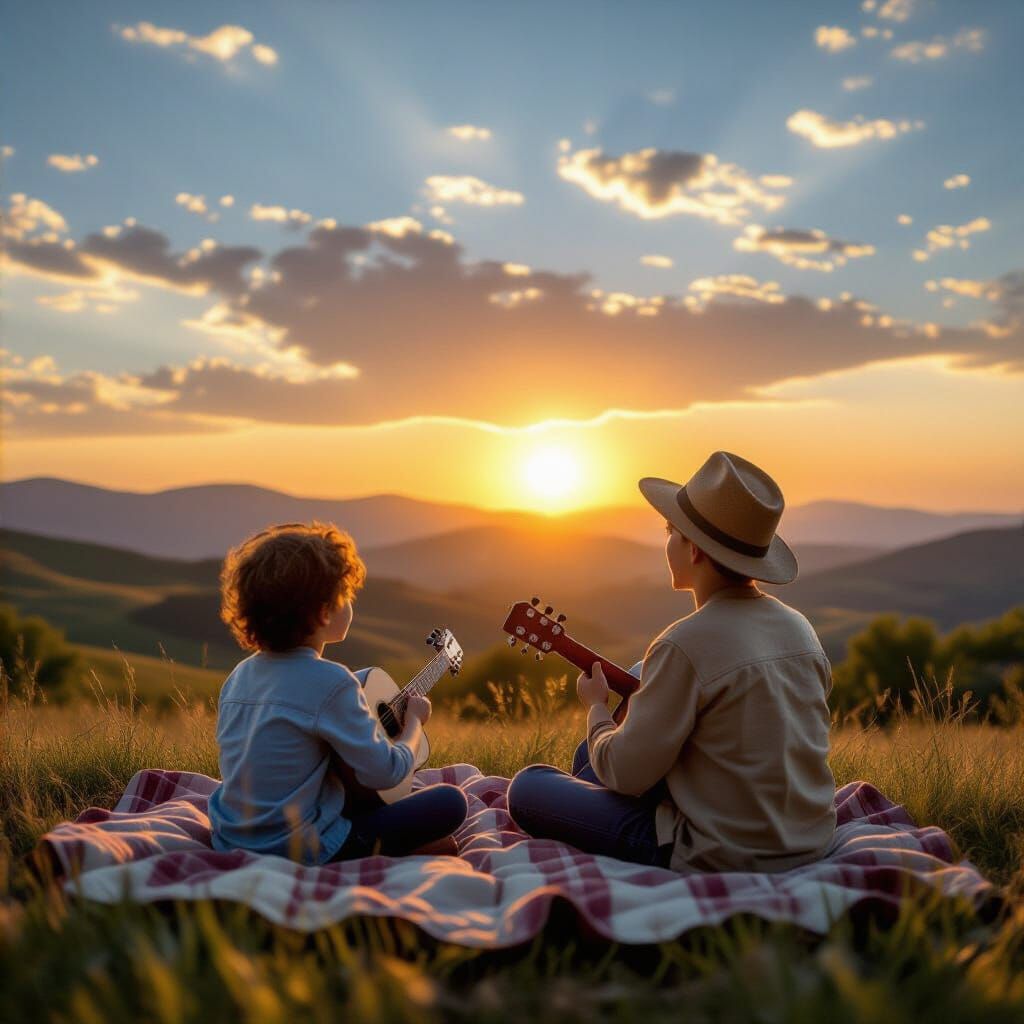 Boy Watches Cats Play Guitar in Dreamy Sunset