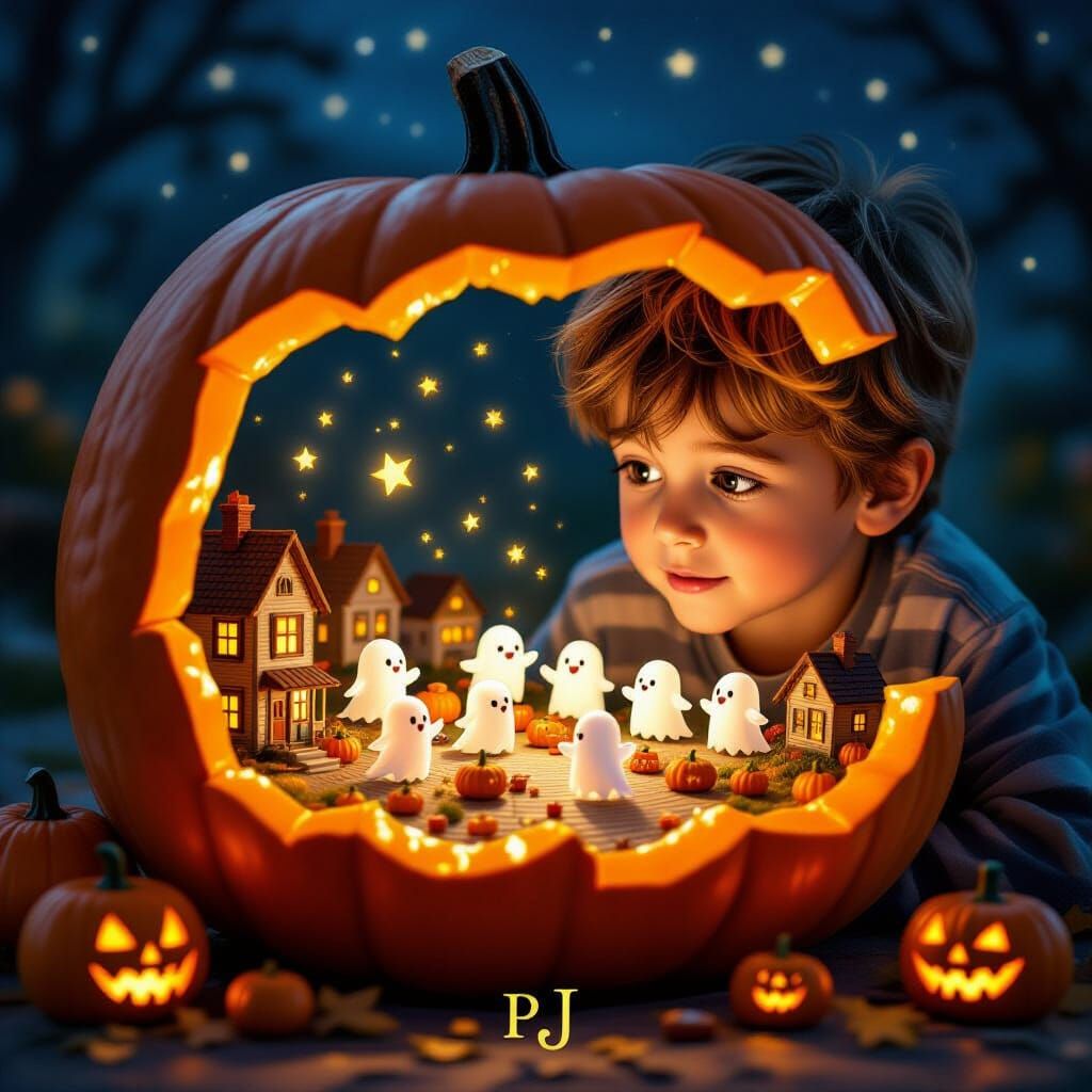 Whimsical Halloween World Inside a Glowing Pumpkin