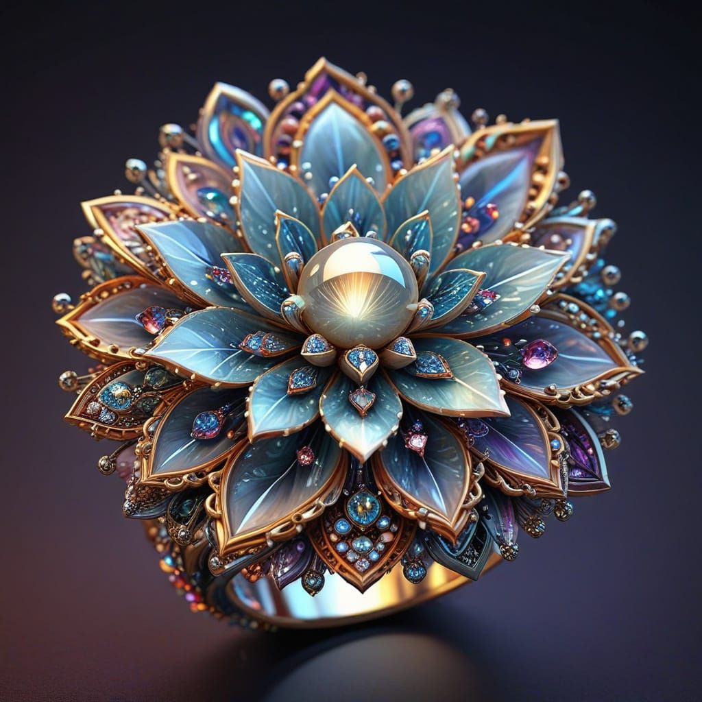 Surreal Ornate Ring with Rainbow Echeveria and Precious Gems