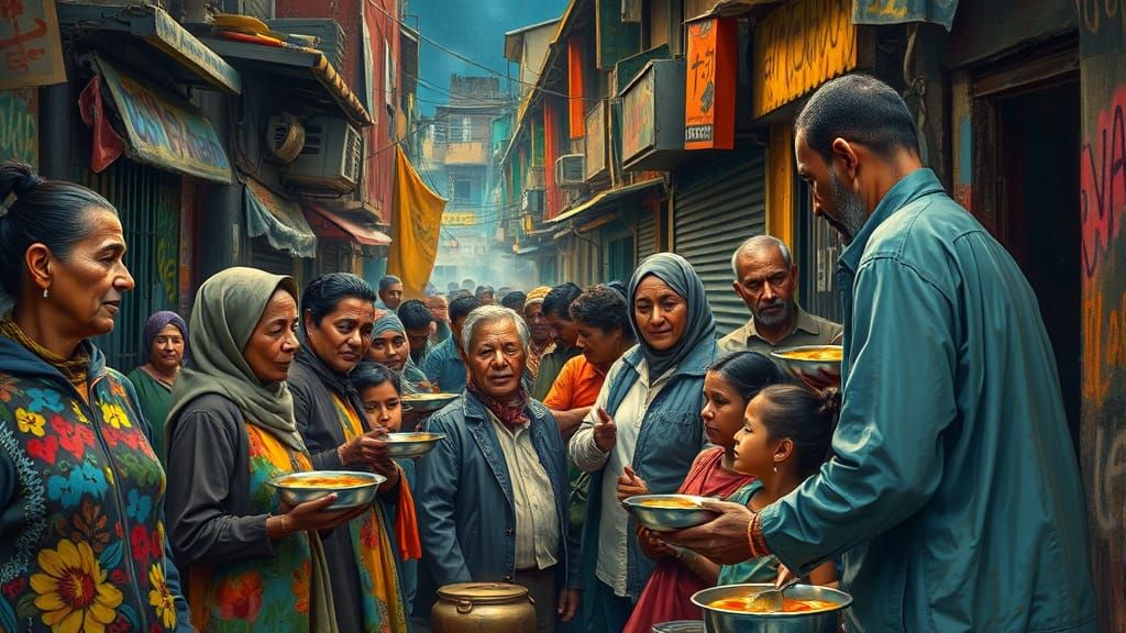 In a bustling slum, a soup kitchen serves a line of people at night. 