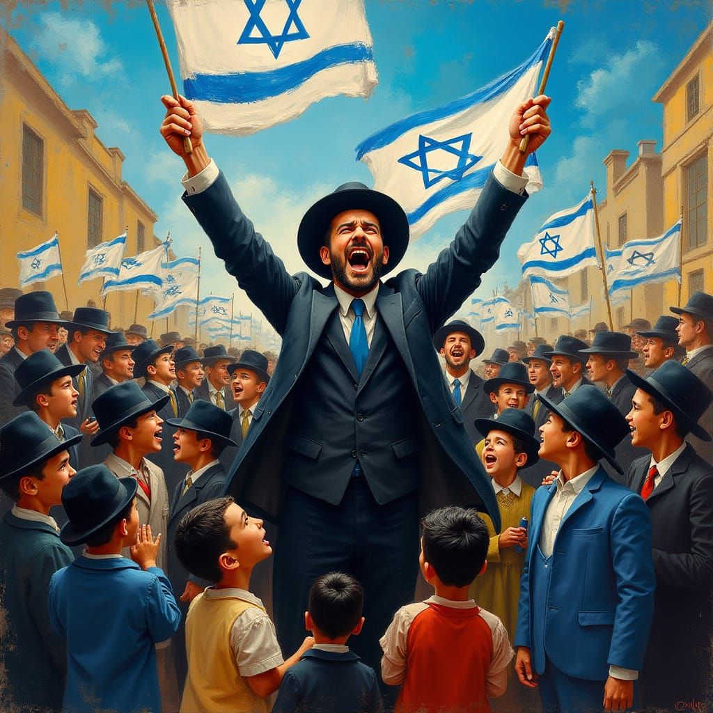 Ultra-Orthodox Men Waving Flags in Expressive Style