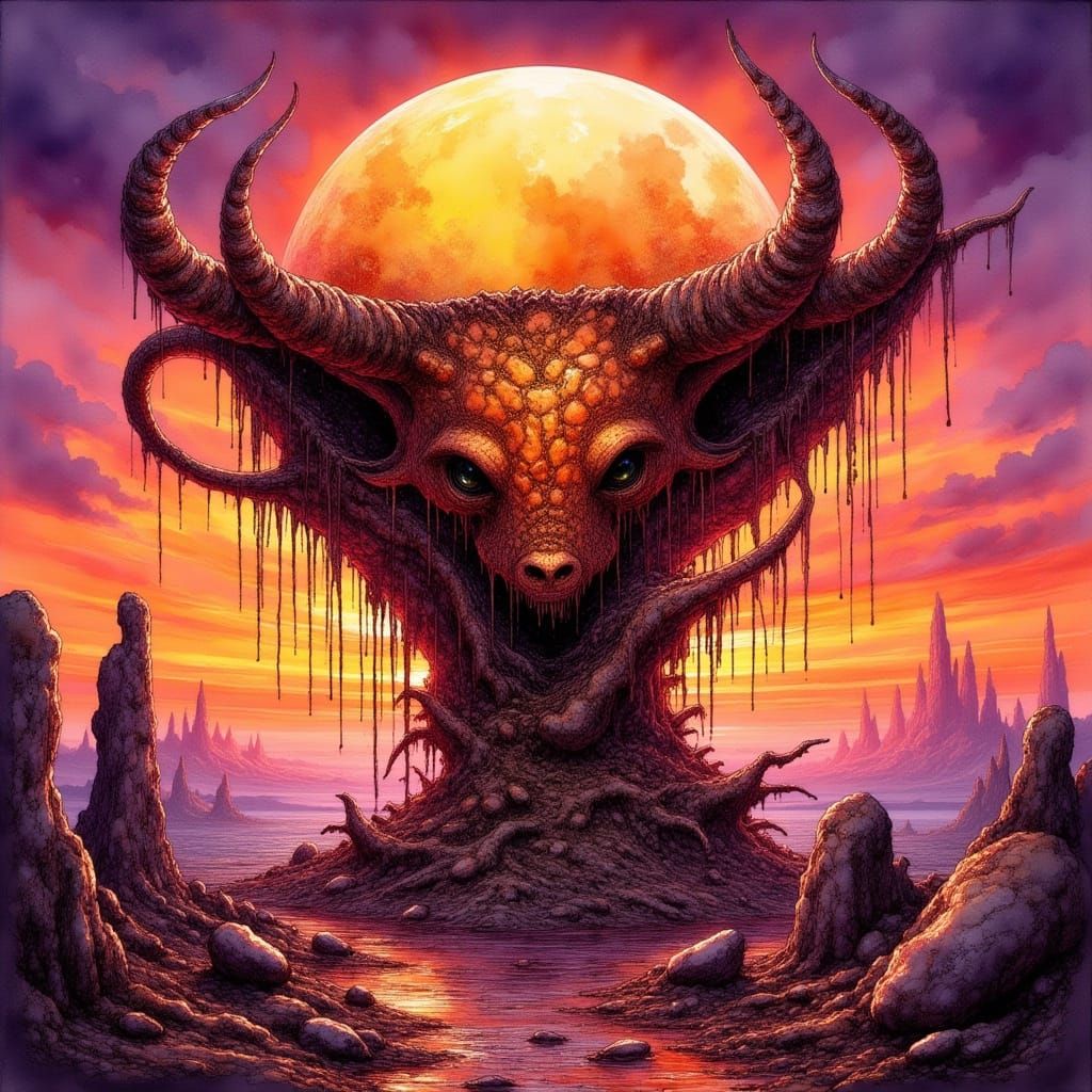 <lora:Ink Poet:1.0> A colossal, ancient orange and greatly horned cup with a shell encrusted with glowing runes and moss, slowly traversing ...