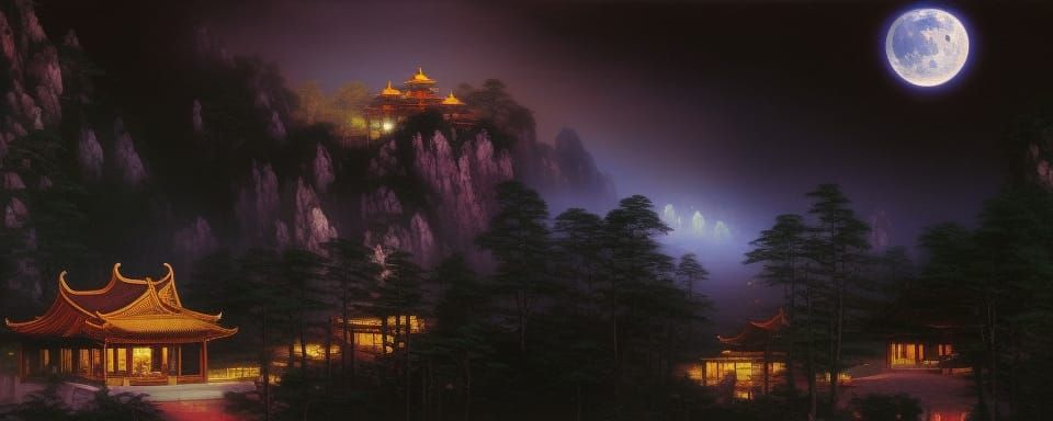 The taoist temples of huangshan during a summer moon night, ...