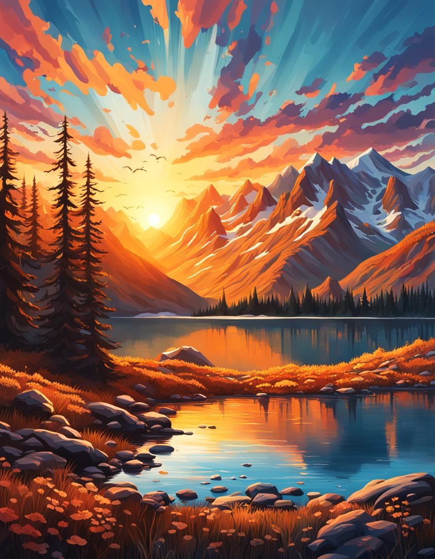 Sunrise over the mountain lake miror Hyperrealistic, splash ...