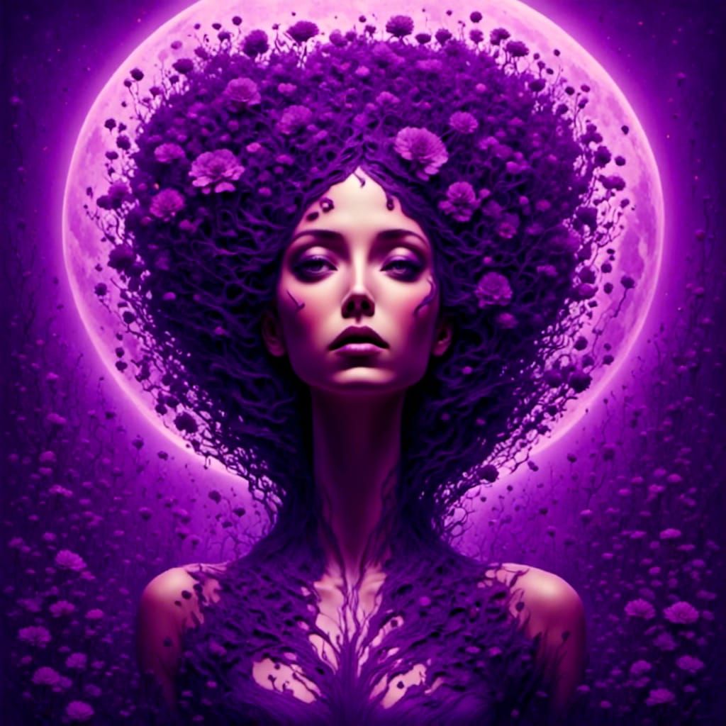 Beautiful alien woman arises out of the bioluminescent, bluish purple water, highly reflective water after taking an evening swim under the...