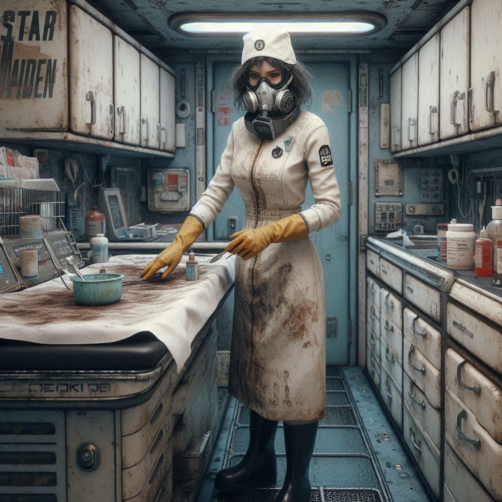 The doc has just performed surgery in the medical bay of an old spacefreighter and is now cleaning up the mess (3)