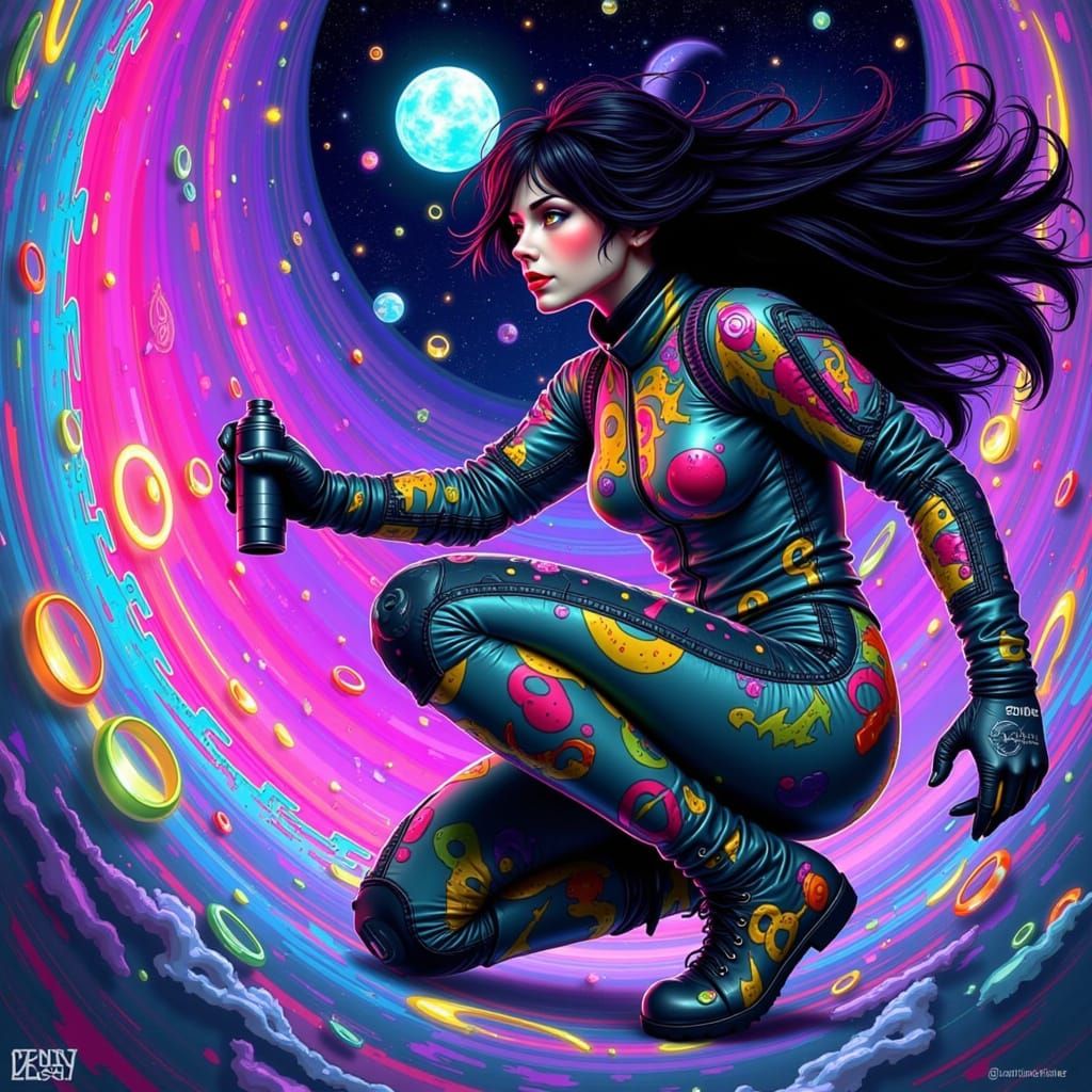 Tohsaka Rin, a lone female figure, clad in a vibrant spacesuit adorned with bright graffiti patterns, exudes determination as she spray-pain...
