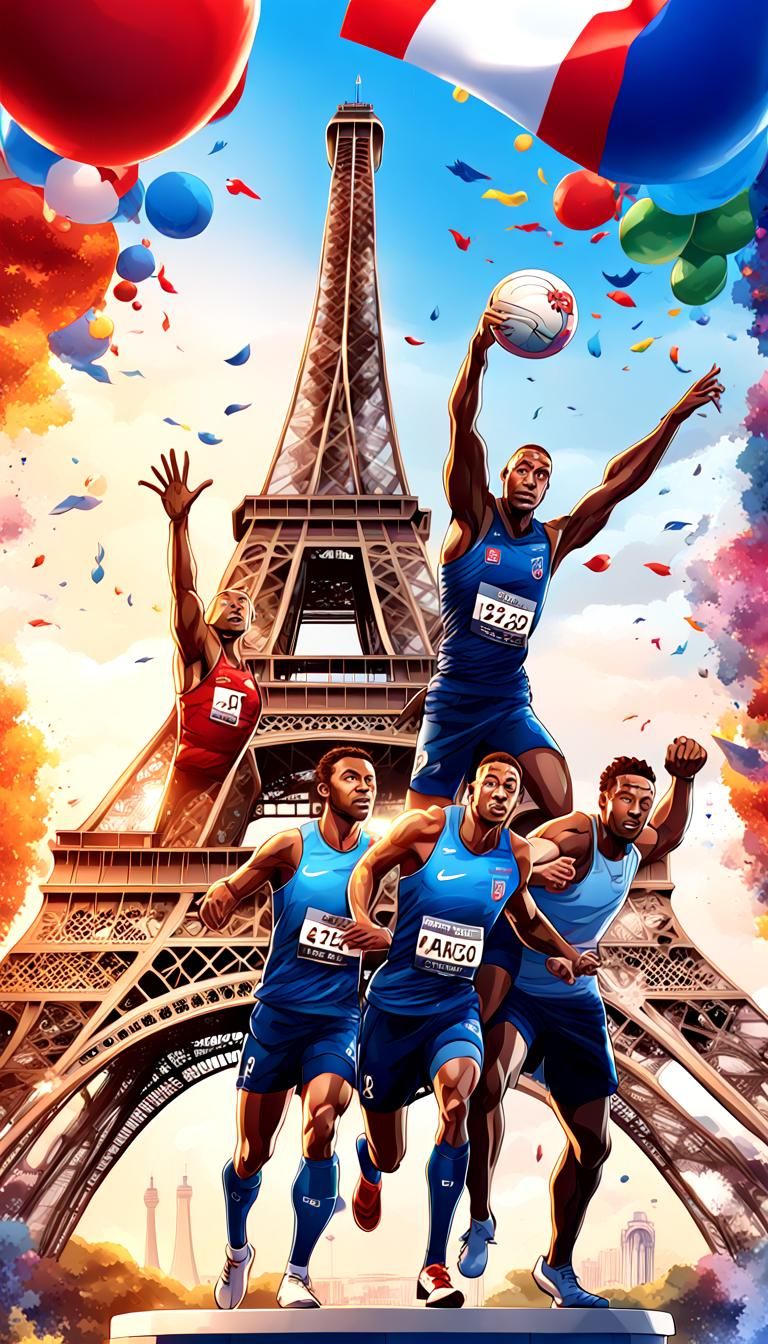 Comic style poster of France 2024, with the Eiffel Tower and...