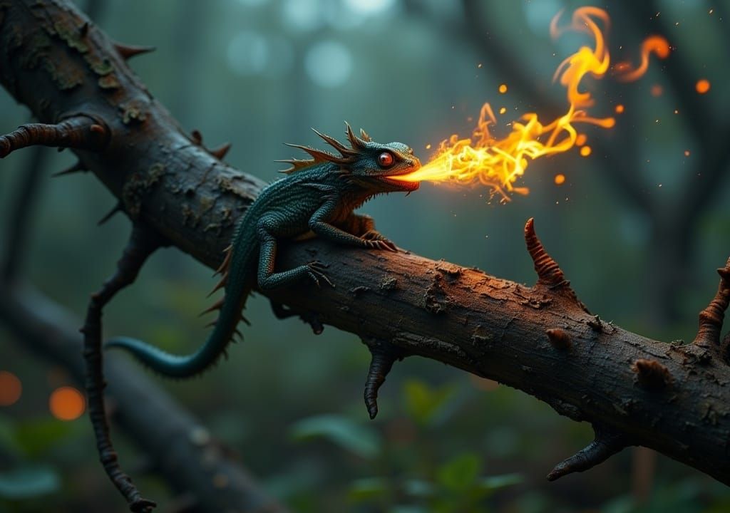 <lora:Double Photoreal v2:1.0> An ultra-realistic image of a tiny, microscopic cute chibified dragon breathing flames toward the camera perc...