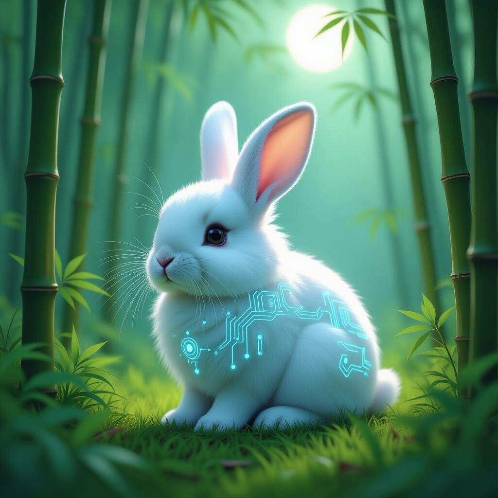 Fluffy Rabbit with Glowing Circuitry in Bamboo Forest