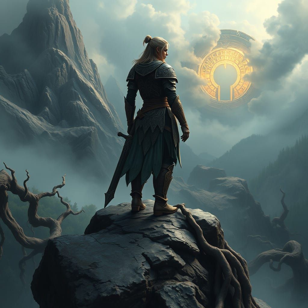 Warrior Woman in Celtic Armor Stands Guarding Mysterious Por...