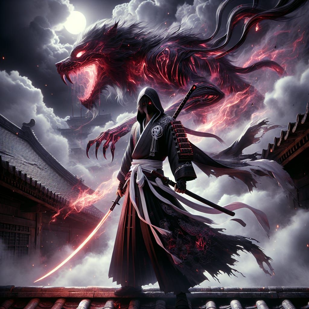 Japanese Warrior and ghost of beast.  