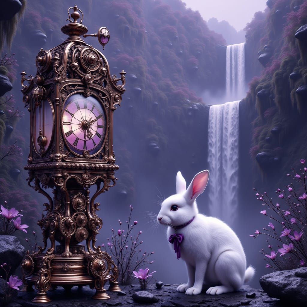 <lora:Steampunk and more:1.0> A white long-haired rabbit, a huge lantern with mechanical gears and a Waterfall in Background monochromatic v...