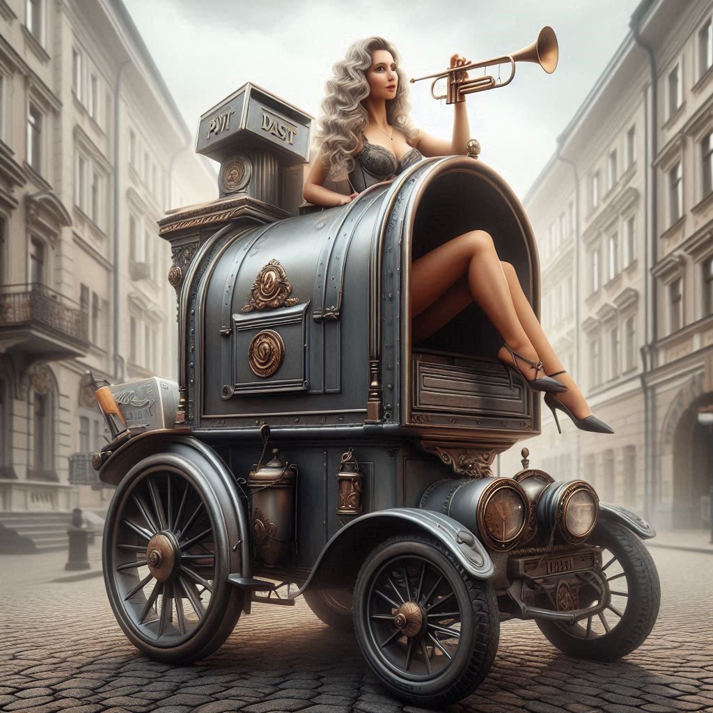 Delivery with trumpet and horseless carriage