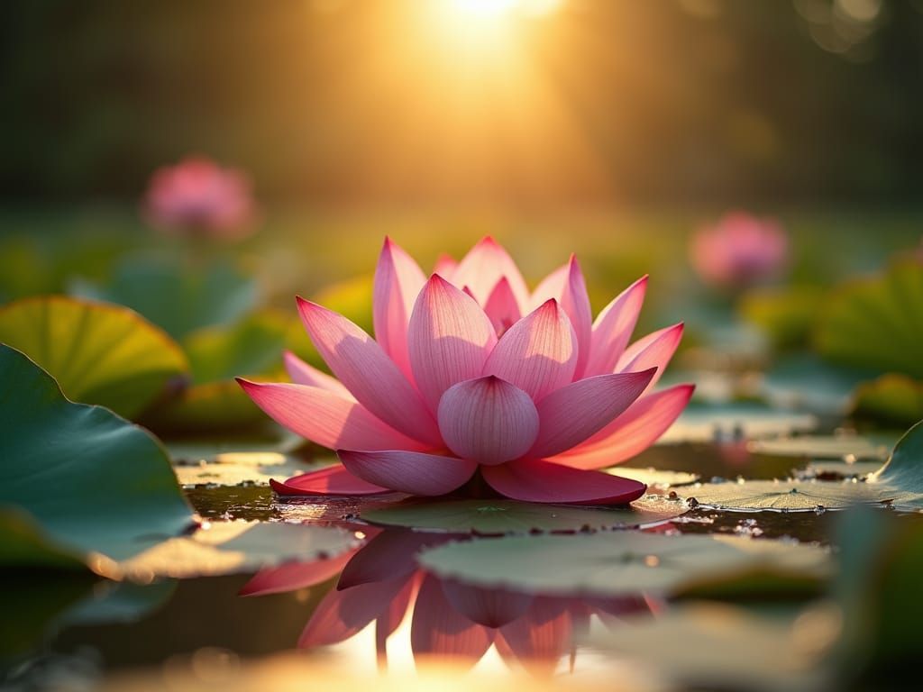 a beautiful lotus blooming in sunrise, exotic lotus pond, Professional photography, bokeh, natural lighting, canon lens,...