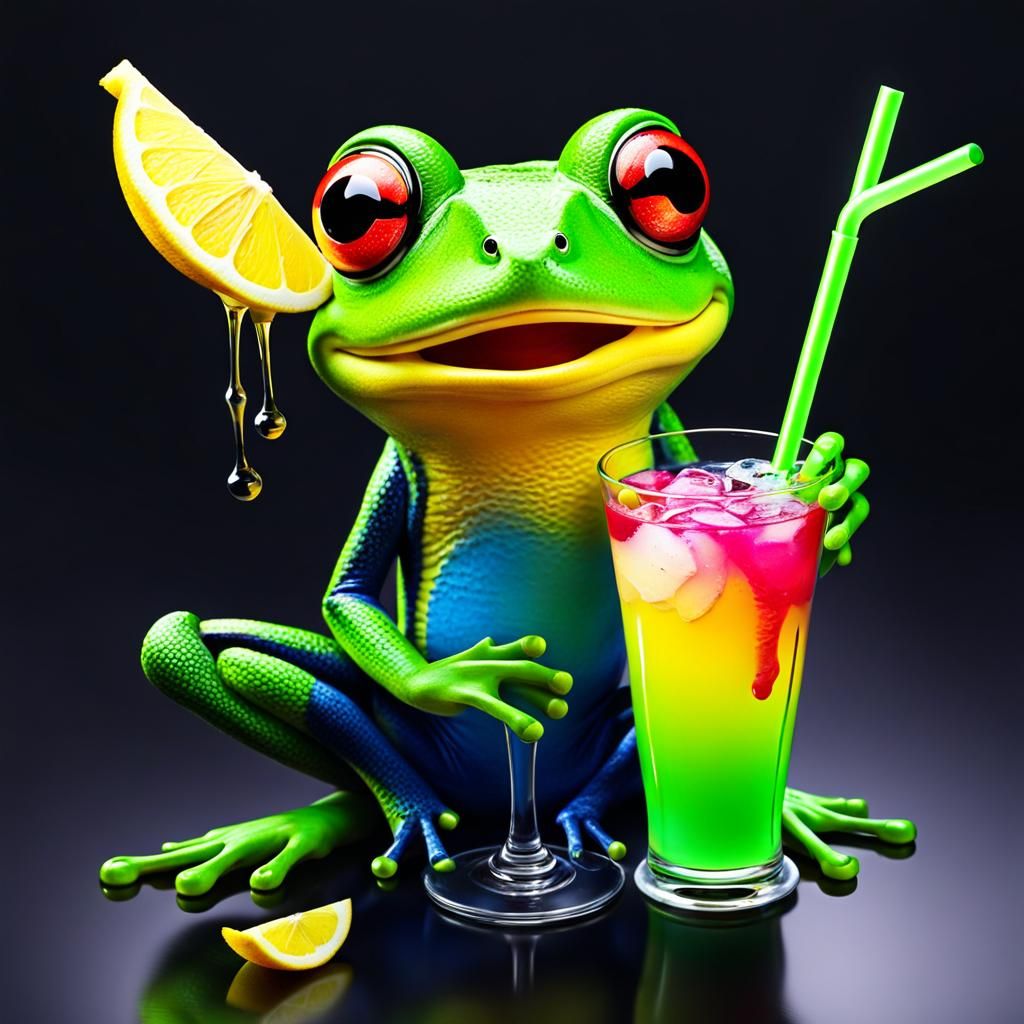 cute colorful frog sitting a mixed drink of emo lemonade