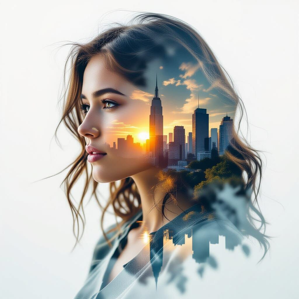 Abstract Double Exposure Portrait of Nature and City