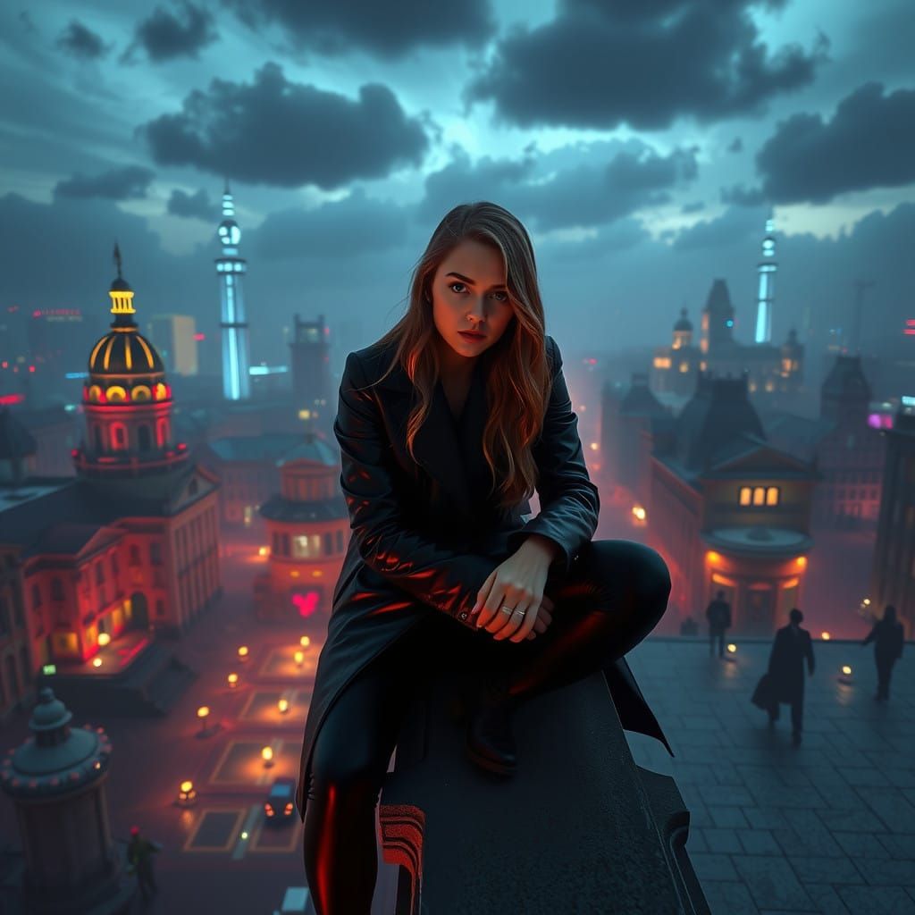 Create A girl sitting on the rooftop of the Royal Palace on Dam Square Amsterdam