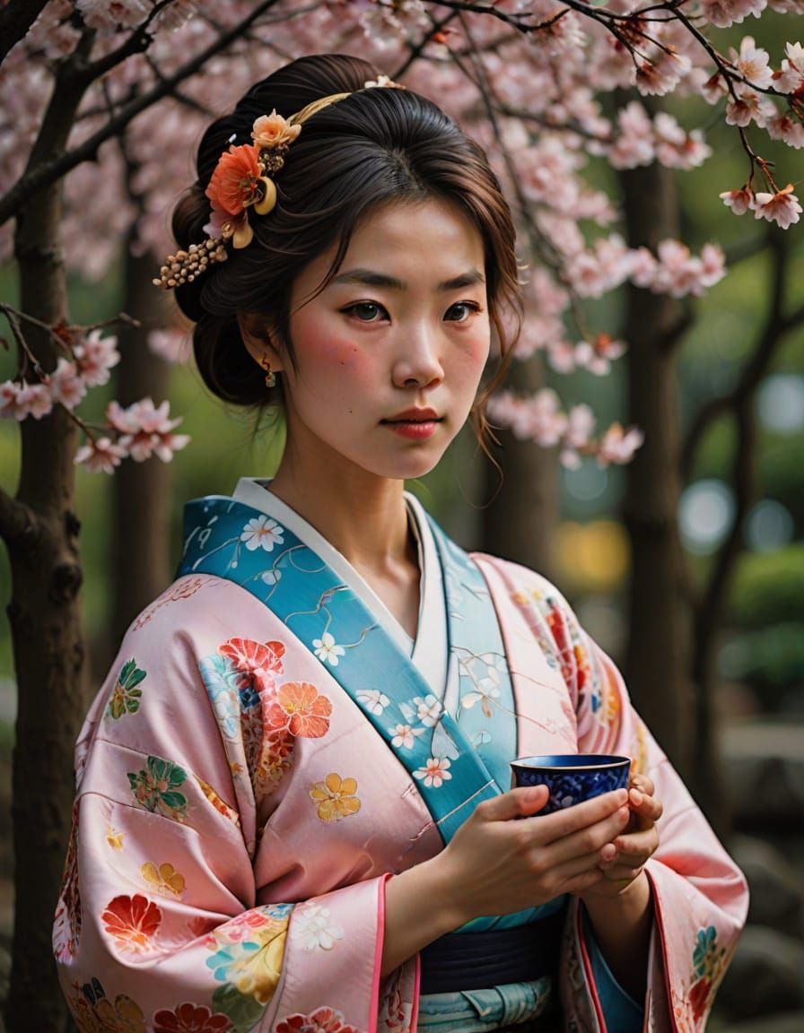Traditional Japanese Woman in Furisode Dress Performs Tea Ce...