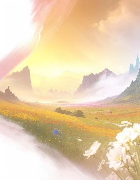 Beautiful flower meadow detailed matte painting, deep color,...