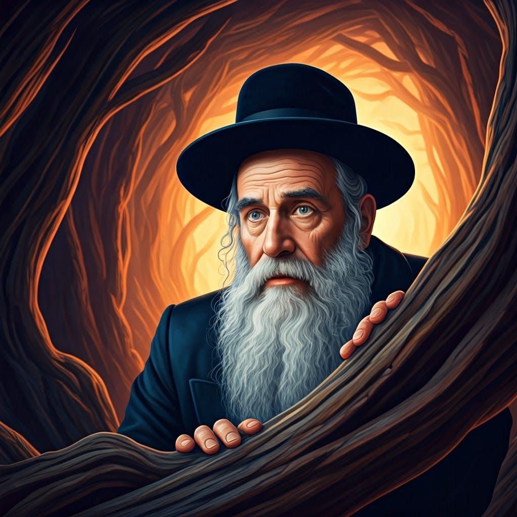 Hasidic Man Peeking From Behind Wood Beam