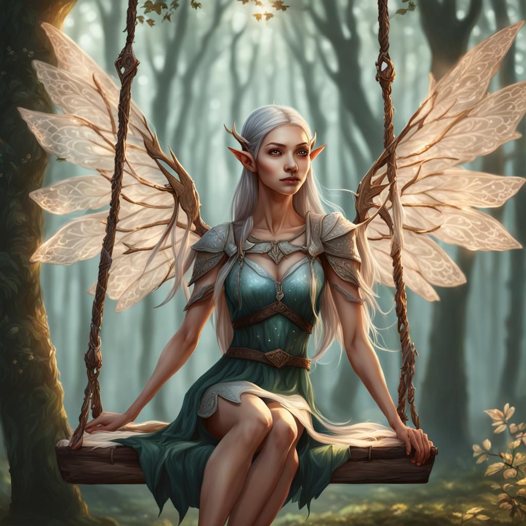 An beautiful elf sitting on a swing
