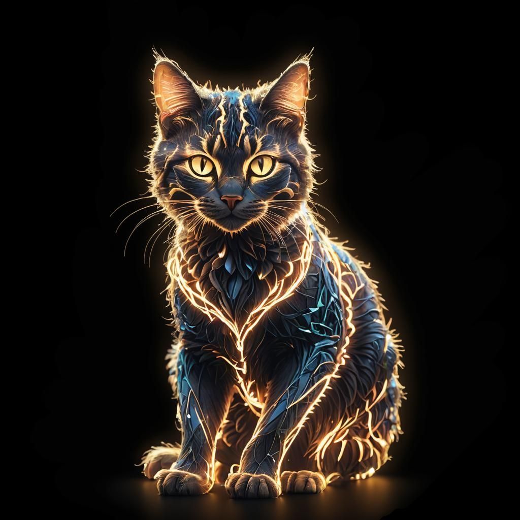 A glowing cat made out of lines of light