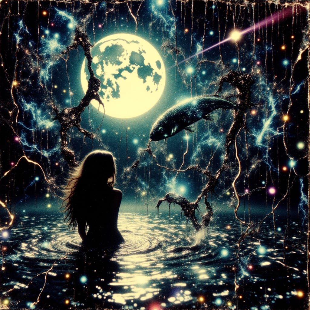 35mm film, splashy sparkly noir impasto painting: Mystical new moon fades as Pisces' waters shimmer, shifting seasons. Ethereal zodiac glow,...