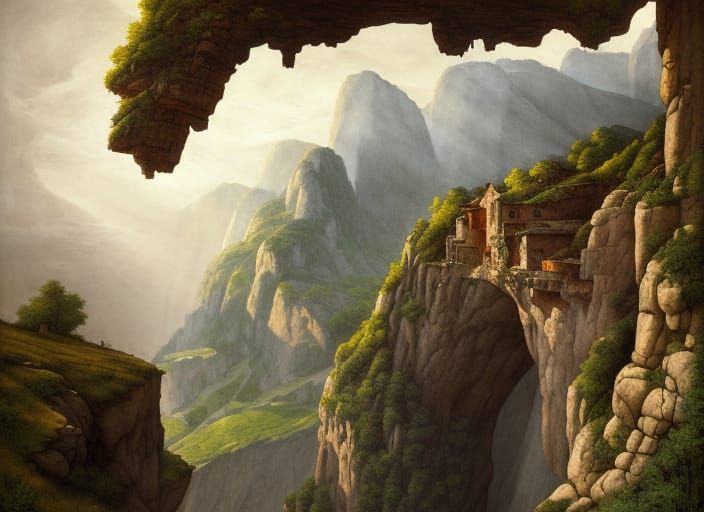 rustic painting of an old house build onto a steep cliff roc...