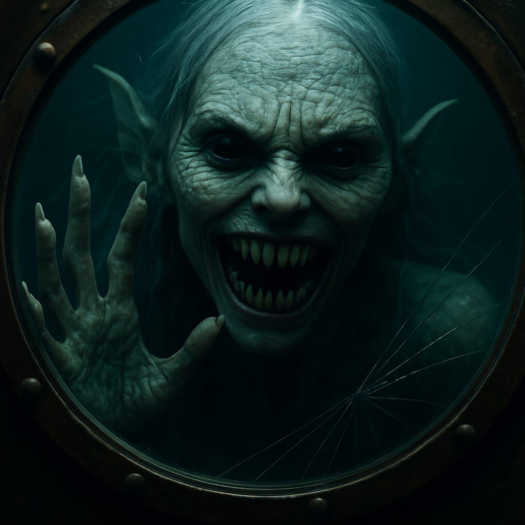 Terrifying evil Mermaid siren looking at you through your su...