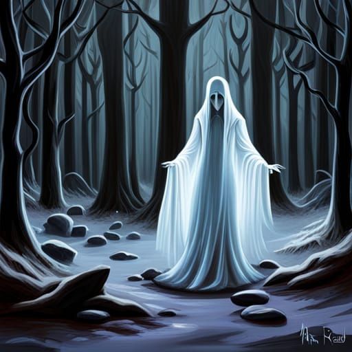 a painting of a creepy, iridescent ghost in a winter forest, ominous ...