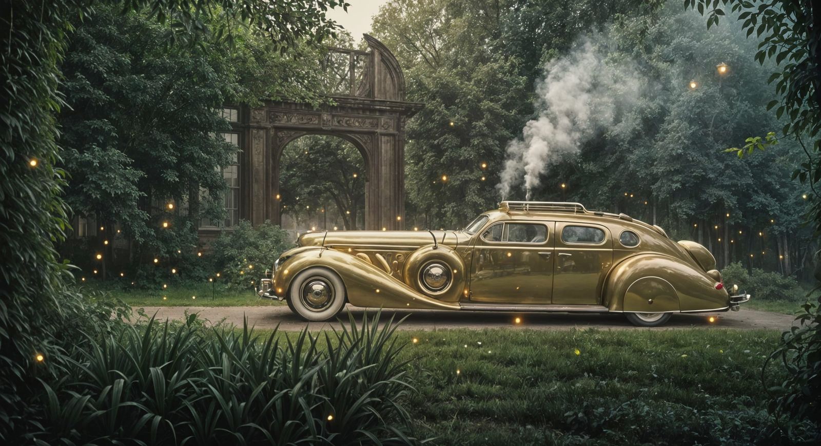 A large shiny 1940s limousine