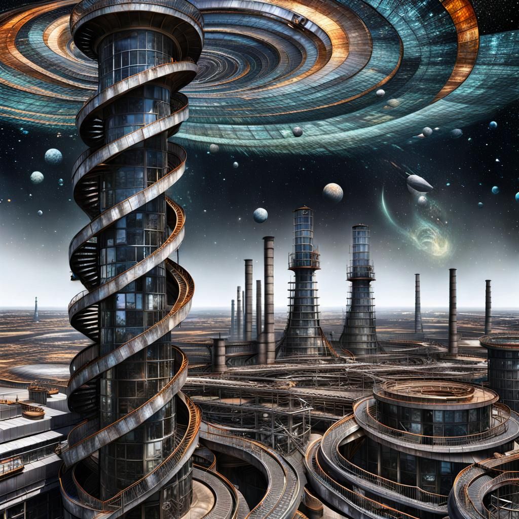 (Photorealistic industrial edge:1.5) (surrealist spiralling towers:1.5); Maximalist, HDR; (cosmic background:1.5)