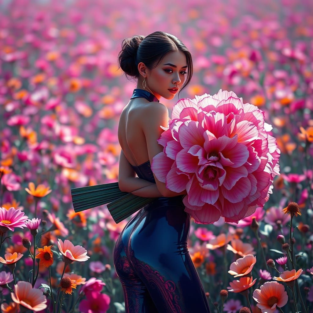 Woman in latex catsuit holding a huge flower bouquet in a field of flowers