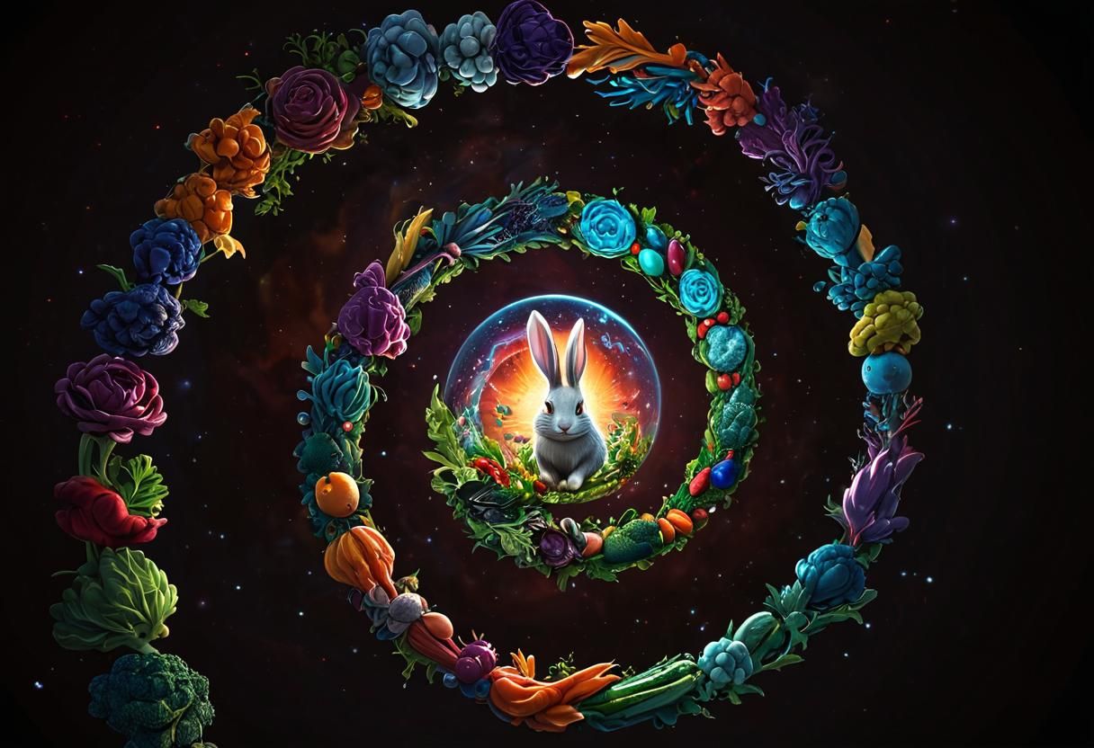 Space bunny chasing down cosmic vegetables trying to find th...