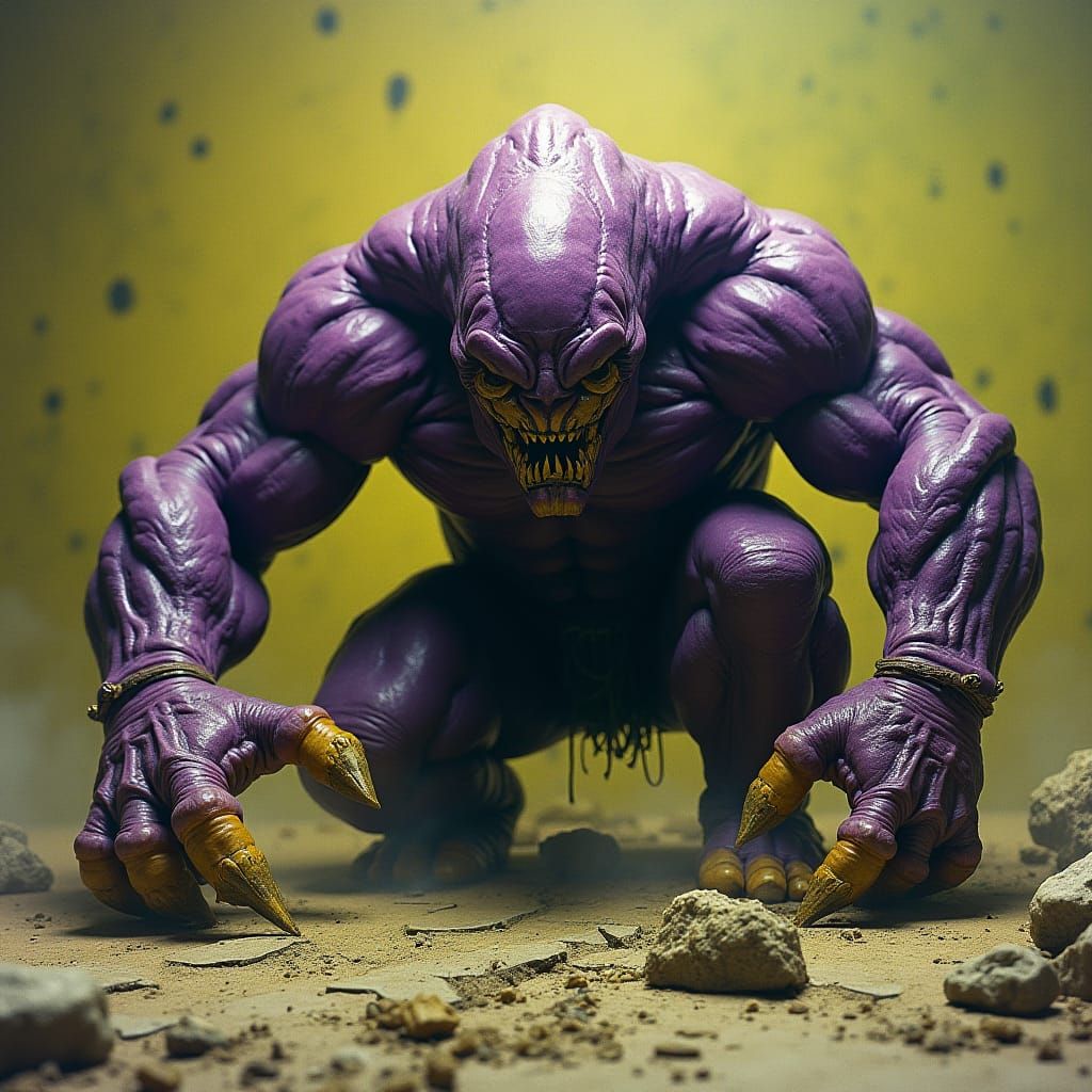 A muscular, hunched figure, resembling a humanoid creature with a purple-skinned body, crouches against a grungy, dark background. This crea...