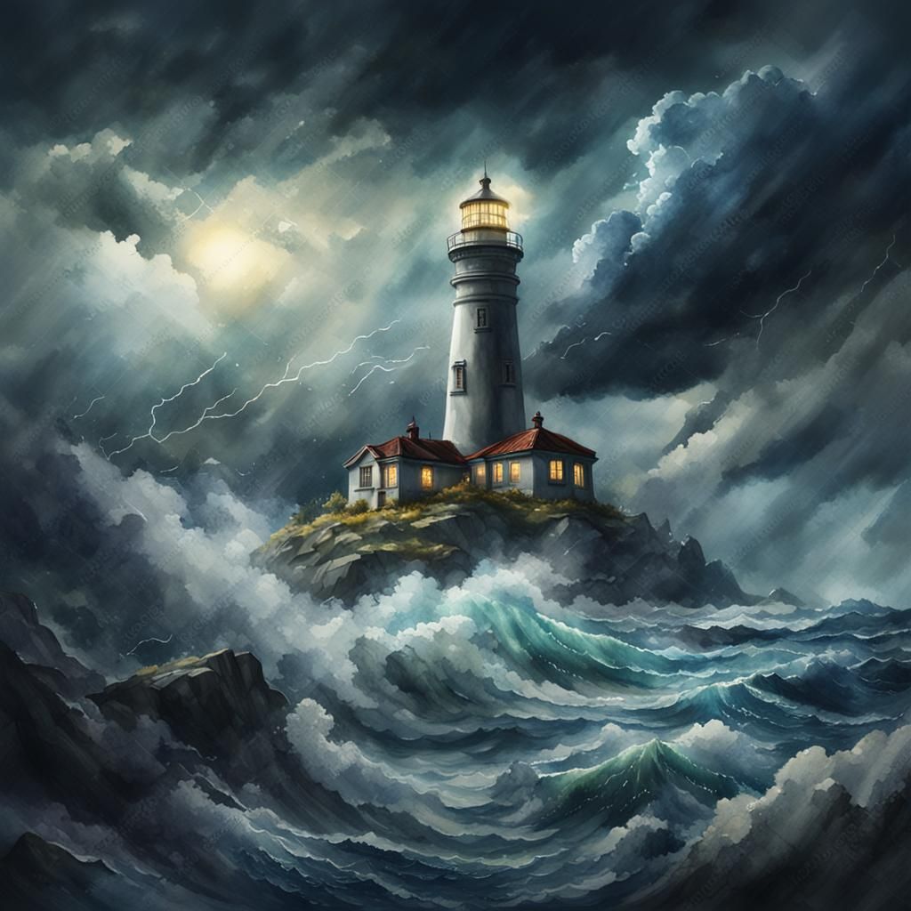 Watercolor Dark and Cloudy storm with lighthouse peaking through clouds   by @Luna