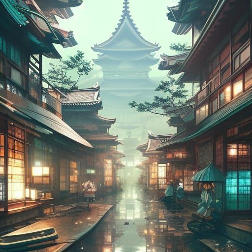Steampunk Japanese Metropolis: Detailed Digital Illustration